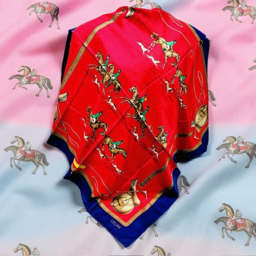 Unused-CELINE Paris 100% SilkScarf 34" x34" Red Blue Hourses Dogs Italy Made(59
